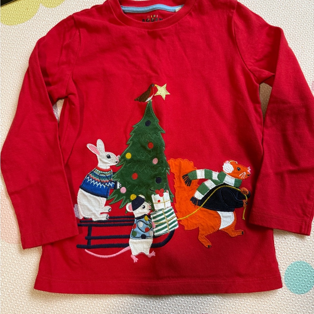 Mini Boden Red Long Sleeve Tee with Animal and Tree Design